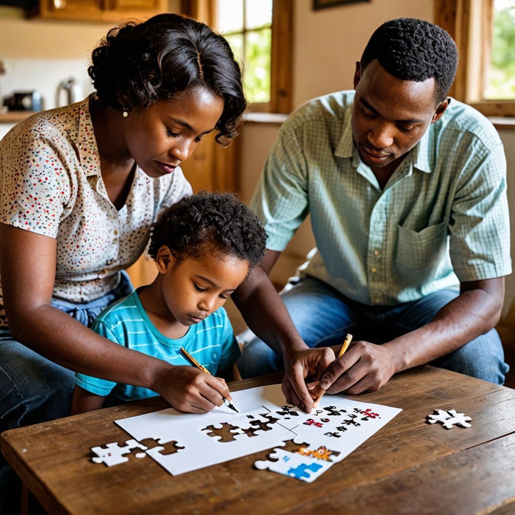 Adultos afrodescendentes ajudando a criança fazer uma cartinha para ser enviado para Santa Tereza no Rio Grande do Sul.