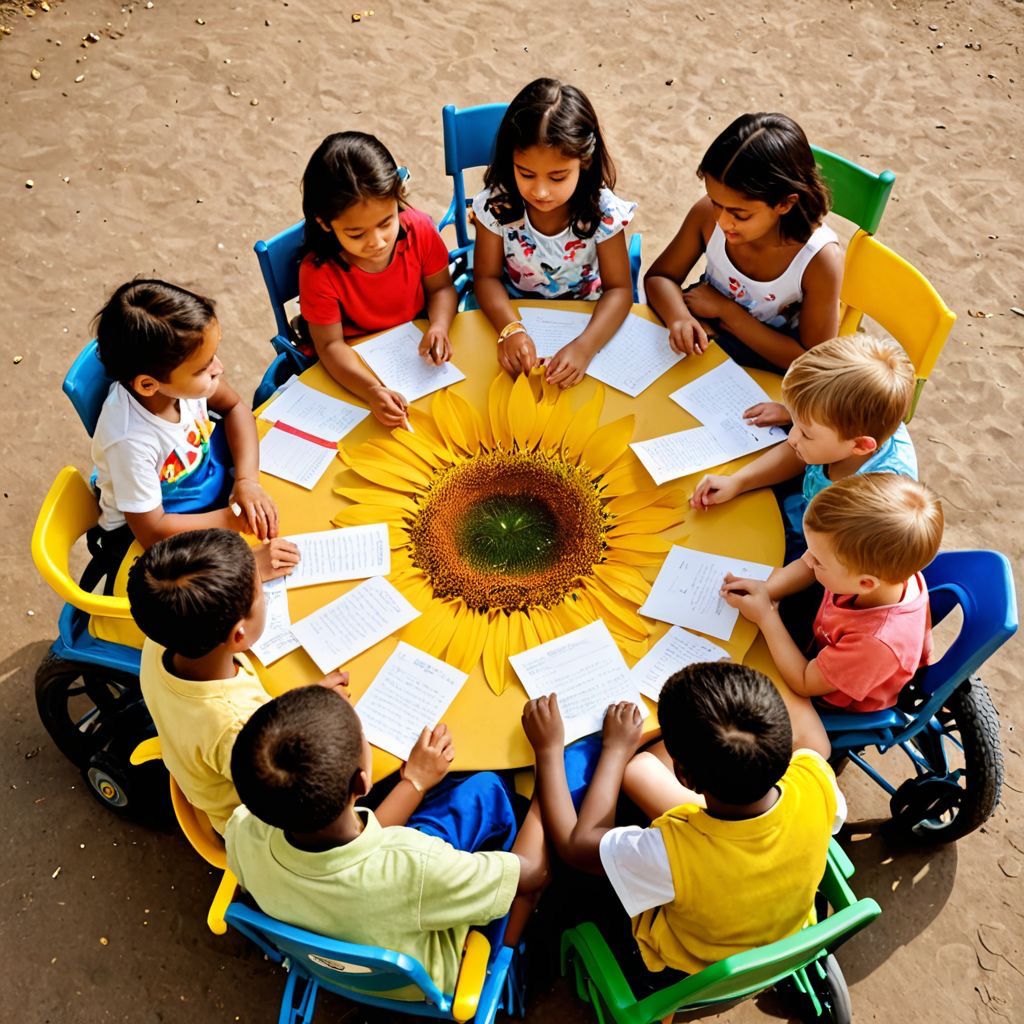 Nove crianças de diversas características físicas, sentadas em uma mesa redonda, lendo cartas.